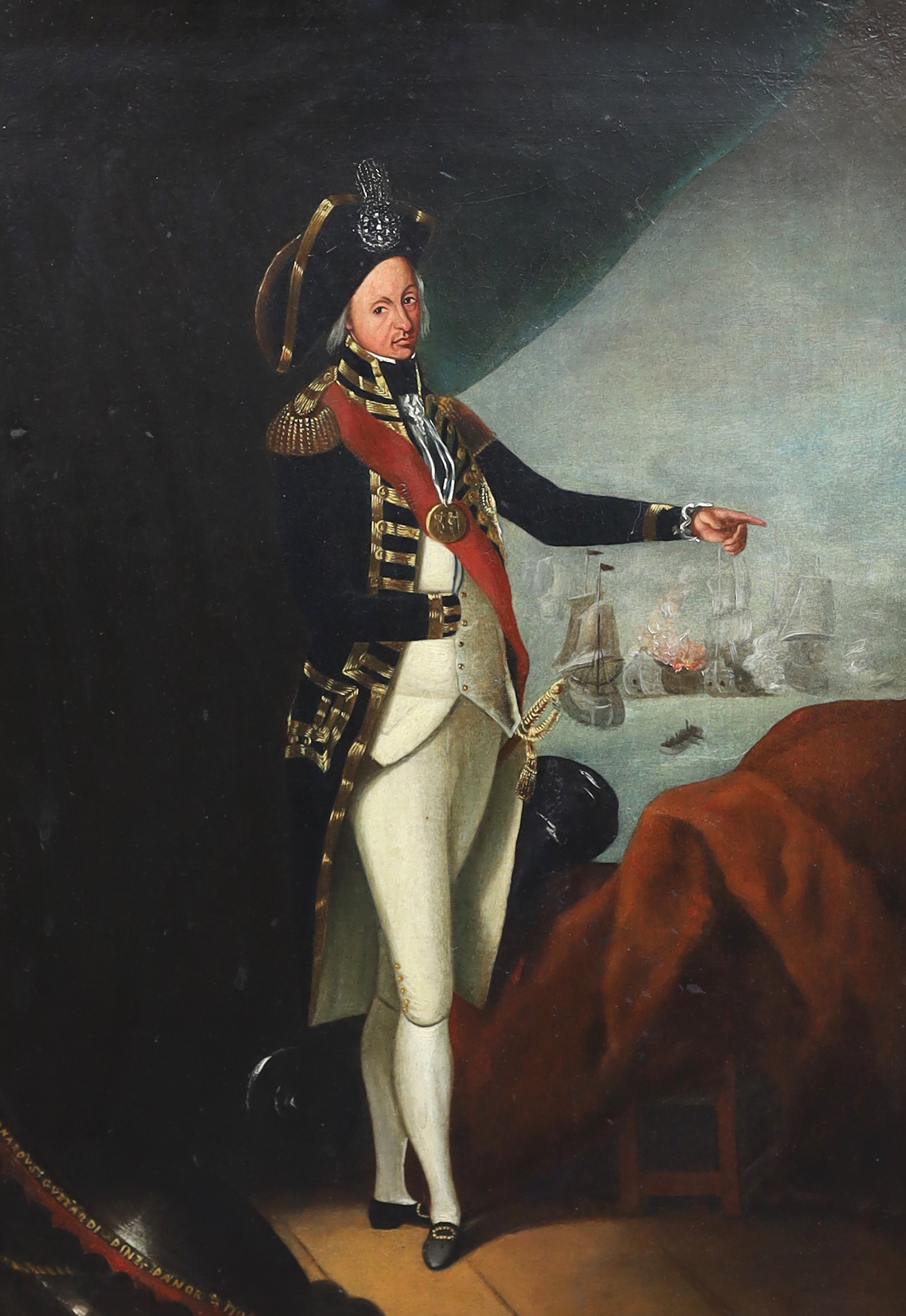 After Leonardo Guzzardi (Italian, active 1798-1800), Full length portrait of Rear Admiral Horatio Nelson (1758-1805), standing gesturing to the Battle of the Nile beyond, oil on canvas, 59 x 41cm